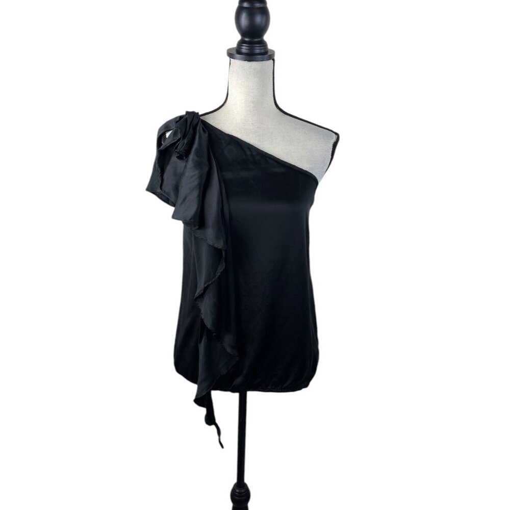 Flounce One Shoulder Silk Ruffle Top Black Minimalist Quiet Luxury S
